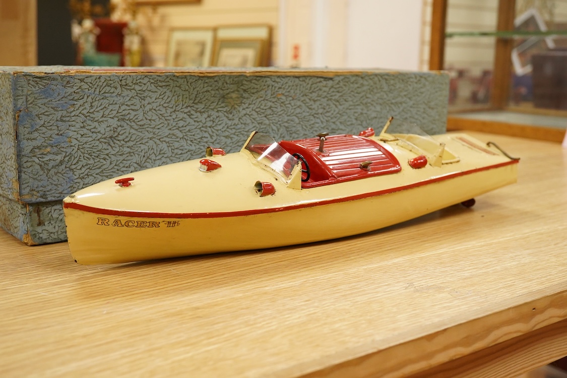A boxed Hornby tinplate clockwork Speed Boat No.3, Racer III, with original instruction leaflet